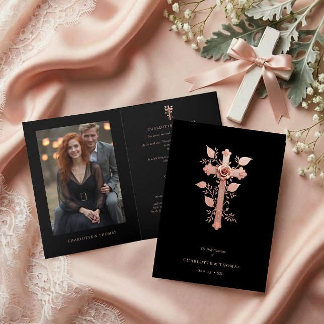 Exquisite Christian Rose Gold Cross Holy Marriage  Inbjudan (Exquisite Christian Rose Gold Effect Cross Holy Marriage Folder Invitation Cards with Photo. )