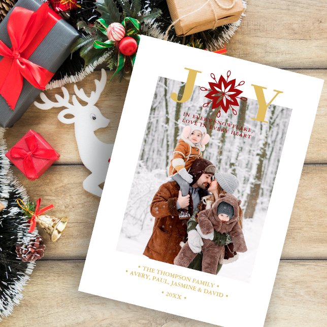 Exquisite Christmas Actual Snowflake Photo Holiday Julkort (Exquisite Christmas Actual Snowflake Photo with JOY quote in Fake Gold & Dark Red Holiday Card.)