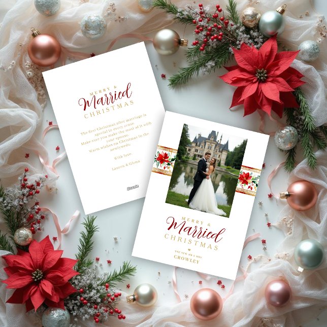 Exquisite Christmas Botanical Border Photo Wedding Julkort (Exquisite Christmas Botanical Classy Border Photo Wedding Holiday Cards. )