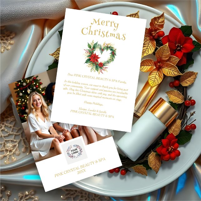 Exquisite Christmas Wreath Heart-Shape Floral  Julkort (Exquisite Christmas Wreath Heart-Shape Floral Red & Gold Photo Business Holidays Cards.)