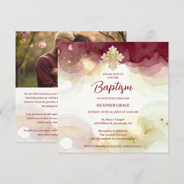 Exquisite Cross Burgundy & Gold Glitter Baptism Inbjudningar (Fram/baksida)