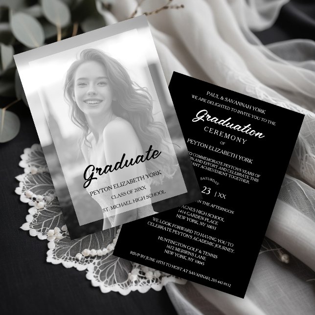 Exquisite Delicate Minimalist Black & White Photo Inbjudningar (Exquisite Delicate Minimal Black & White Photo with Vellum Translucent Effect Graduation Invitation.)