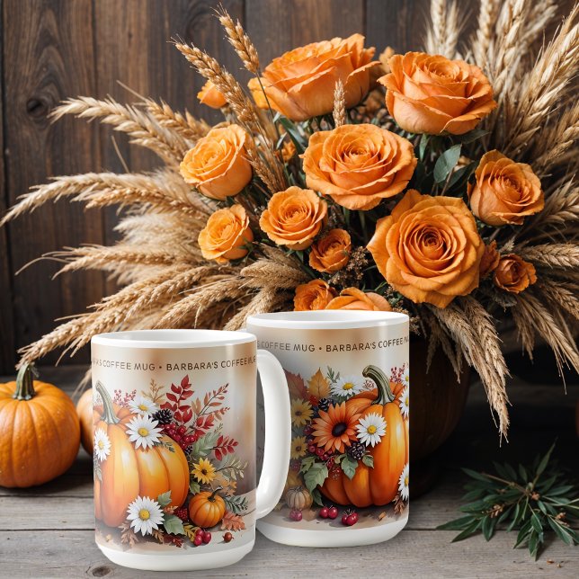 Exquisite Fall Pumpkins Wildflowers Custom Name Kaffemugg (Exquisite Fall Pumpkins, Wildflowers and Autumn Branches Composition Design with Customizable Name.)