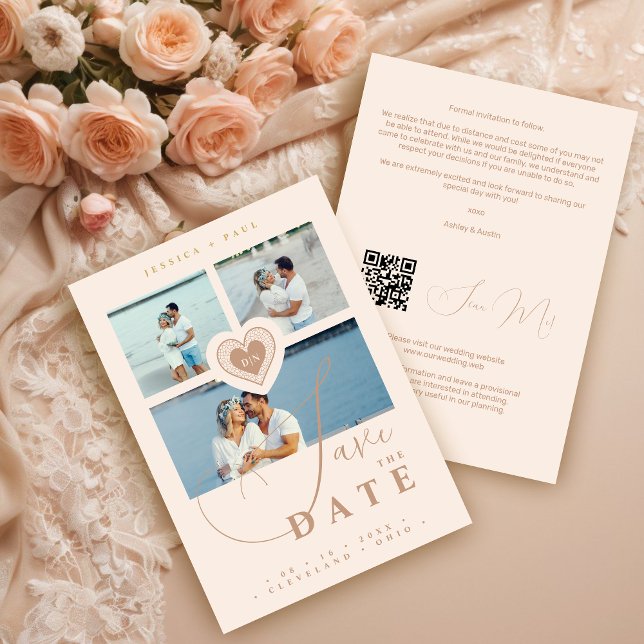 Exquisite Faux Snöre Heart Champagne 3 Multi-Photo Spara Datumet (Exquisite Faux Lace Heart Champagne 3 Multi-Photo Collage Wedding Save the Date Card.)