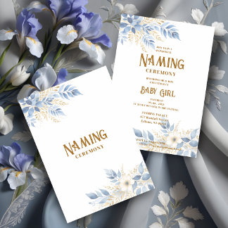 Exquisite Floral Branches in Blue Naming Ceremony Inbjudningar