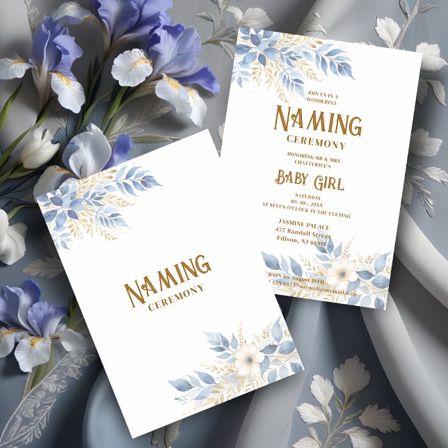Exquisite Floral Branches in Blue Naming Ceremony Inbjudningar (Exquisite Floral Branches in Blue and Faux Gold Shades Background Naming Ceremony Invitation Card.)
