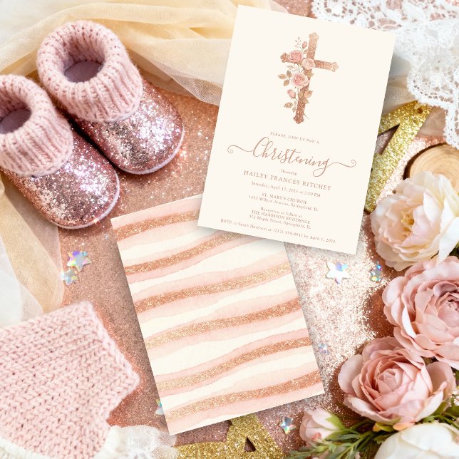 Exquisite Floral Glitter Cross Romantic Rose Gold Inbjudningar (Rose Gold Glitter Delicate Floral Christian Cross Romantic Style Christening Invitation Cards.)