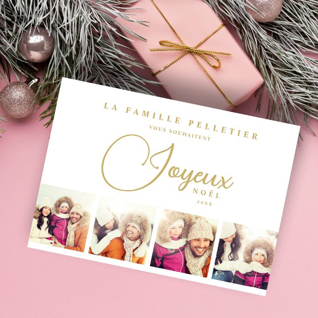 Exquisite French Joyeux Nöel 4 Photos Collage Julkort (Exquisite French Joyeux Nöel 4 Photos Minimalist Collage Holiday Card with Envelope. )