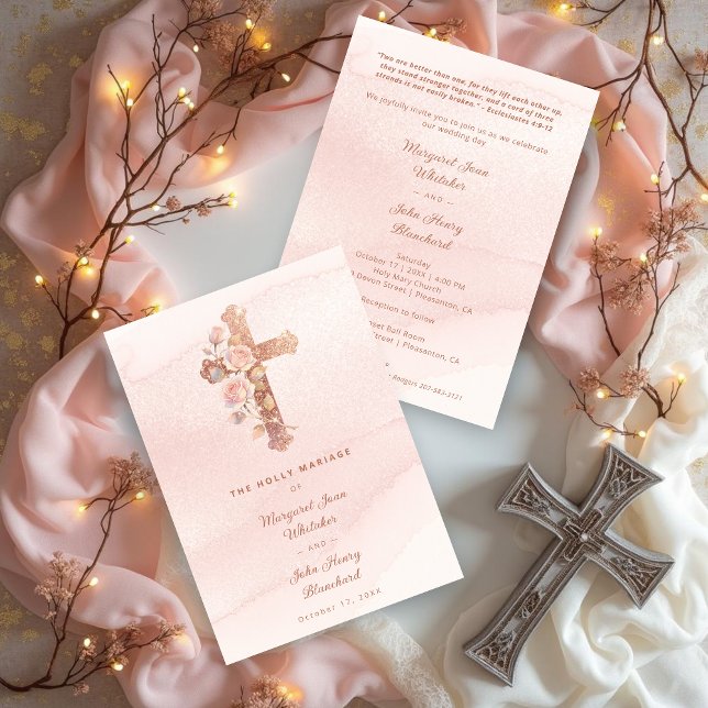 Exquisite Glitter Pink Floral Christian Cross Inbjudningar (Exquisite Glitter Pastel Pink Floral Christian Cross Wedding Invitation Cards.)