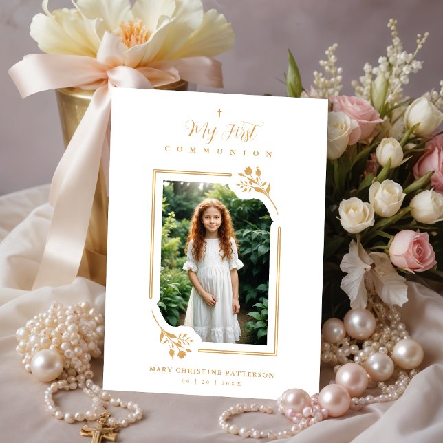 Exquisite Gold Botanical Frame First Communion Inbjudningar (Exquisite Romantic Faux Gold Floral Botanical Frame with Photo My First Communion Invitations Cards.)