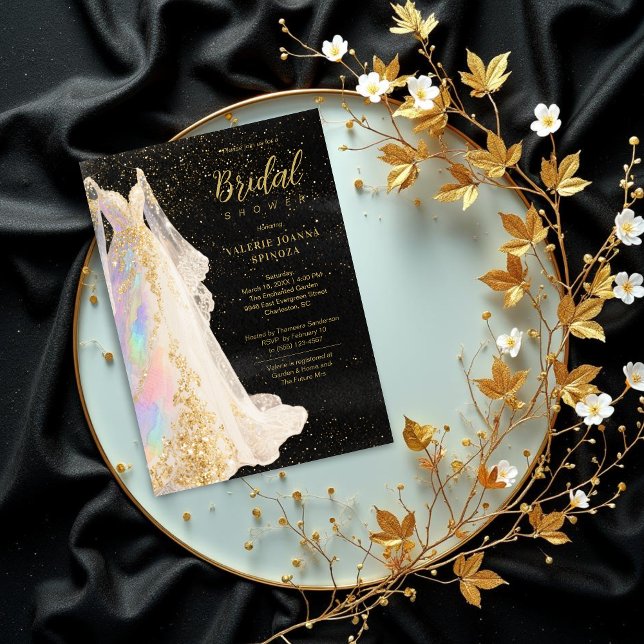 Exquisite Gold Glitter Wedding Dress Bridal Shower Inbjudningar (Exquisite Gold Glitter Wedding Dress Bridal Shower Invitations Cards Design. )