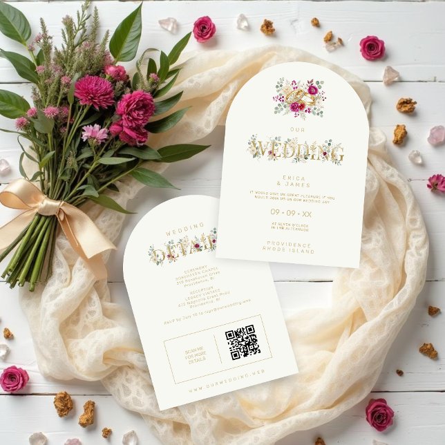 Exquisite Gold Rings Floral Wedding TLW26 Inbjudningar (Exquisite Gold Rings Wedding Invitation with Elegant Cream Floral Bouquet Watercolor Effect)