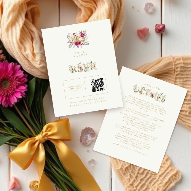 Exquisite Gold Rings Floral Wedding TLW26 OSA Kort (Exquisite Gold Rings Wedding RSVP with Elegant Cream Floral Bouquet Watercolor Effect.)