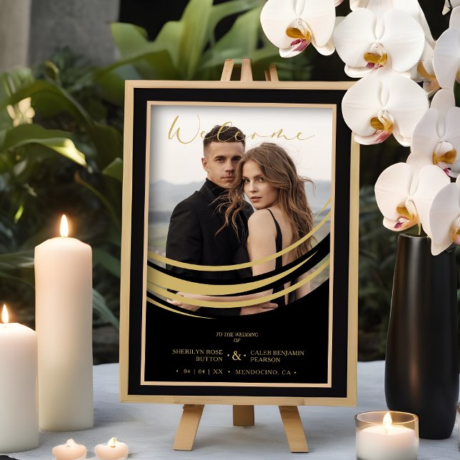 Exquisite Golden Abstrakt Geometric Shape Photo Poster (Exquisite Faux Golden Abstract Geometric Shape Photo Wedding Welcome Guests Poster.)