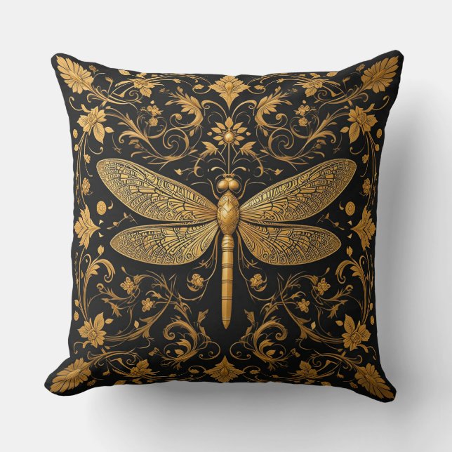 Exquisite Golden Dragonfly med Blommigt Art Kudde (Framsida)