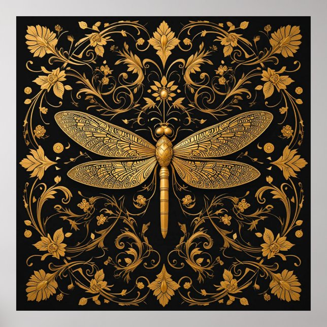 Exquisite Golden Dragonfly med Blommigt Art Poster (Framsidan)