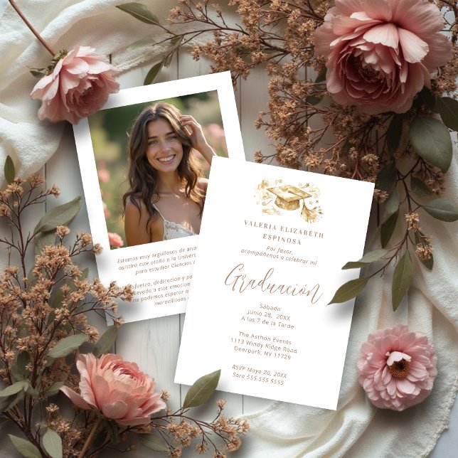 Exquisite Graduate Cap in Beige Tones Graduation Inbjudningar (Exquisite Graduate Cap in Beige Tones Graduation Invitation Card Design in Spanish with Back Photo. )