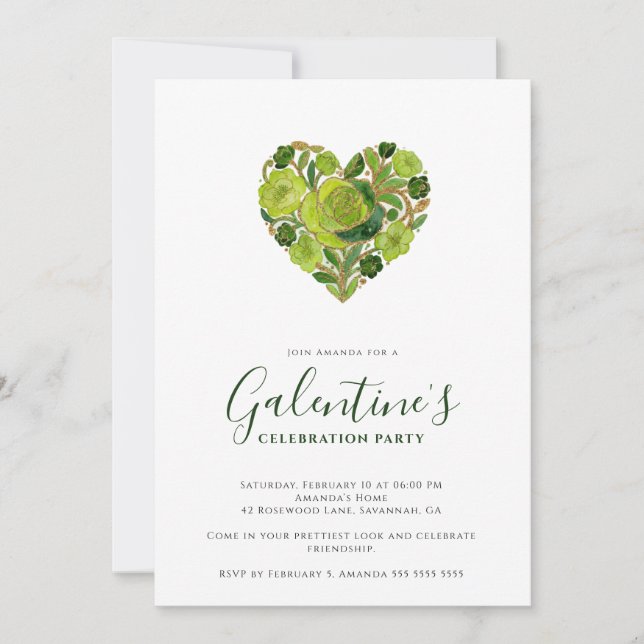 Exquisite Green Floral Heart Galentine's Day Inbjudningar (Framsida)