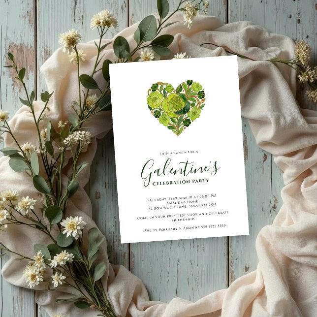 Exquisite Green Floral Heart Galentine's Day Inbjudningar (Exquisite Floral Heart Galentine's Day Party Invitation Cards for Your Best Friends in Green Shades.)