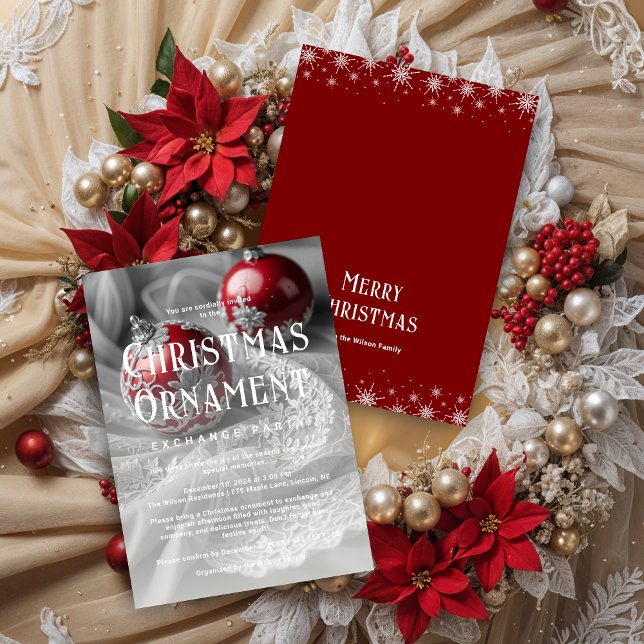 Exquisite Grey Shades & Red Christmas Ornament  Inbjudningar (Exquisite Grey Shades & Red Christmas Ornament Exchange Party Invitations Cards.)