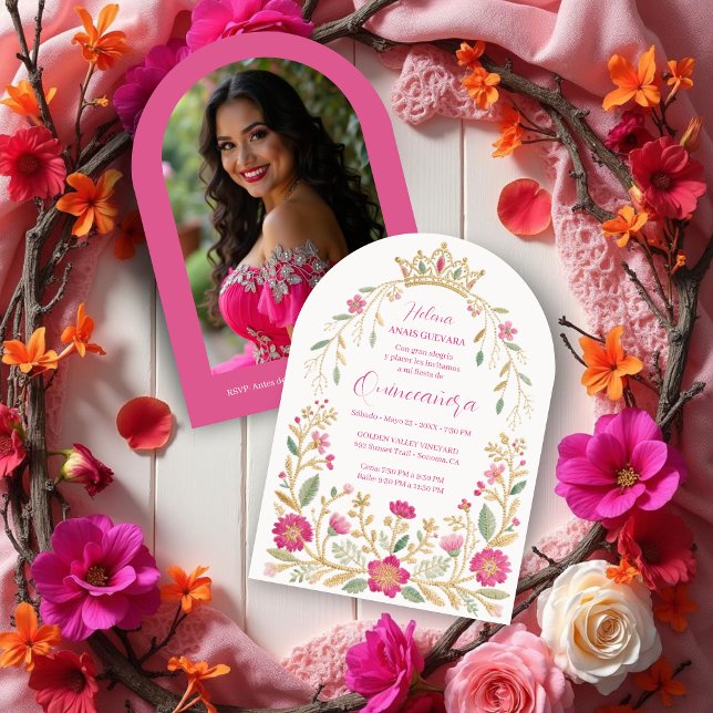 Exquisite Hot Pink Spanish Quinces Floral Border Inbjudningar (Exquisite Hot Pink Spanish Mexican Inspired Floral Border Embroidery Style Quinceañera Invitation.)