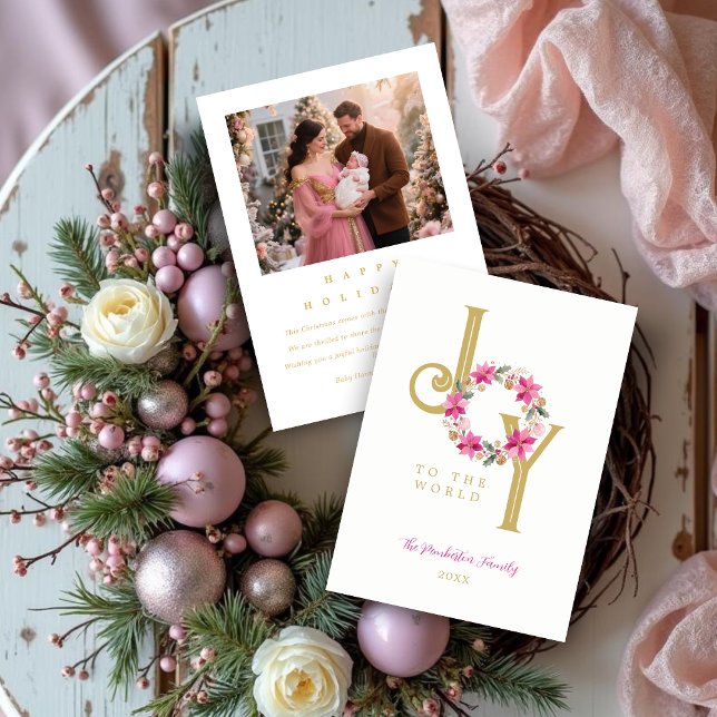 Exquisite Hot Pink Tones & Gold Christmas Wreath Julkort (Exquisite Hot Pink Tones and Faux Gold Christmas Wreath Holiday Cards with Back Photo.)