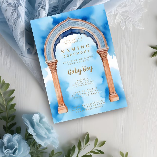 Exquisite Indian Architecture Arch Naming Ceremony Inbjudningar (Exquisite Indian Architecture Arch Watercolor in Blue Shades Background Naming Ceremony Invitation )