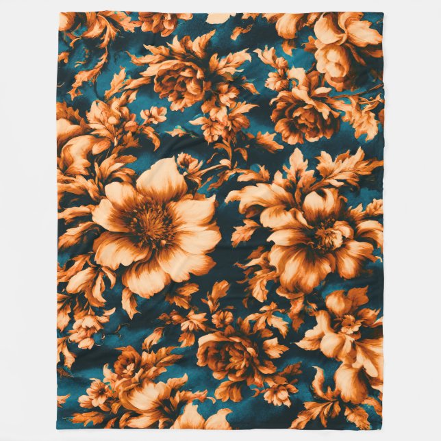 Exquisite Luxurious Golden Flowers, Löv på Blue Fleecefilt (Framsidan)