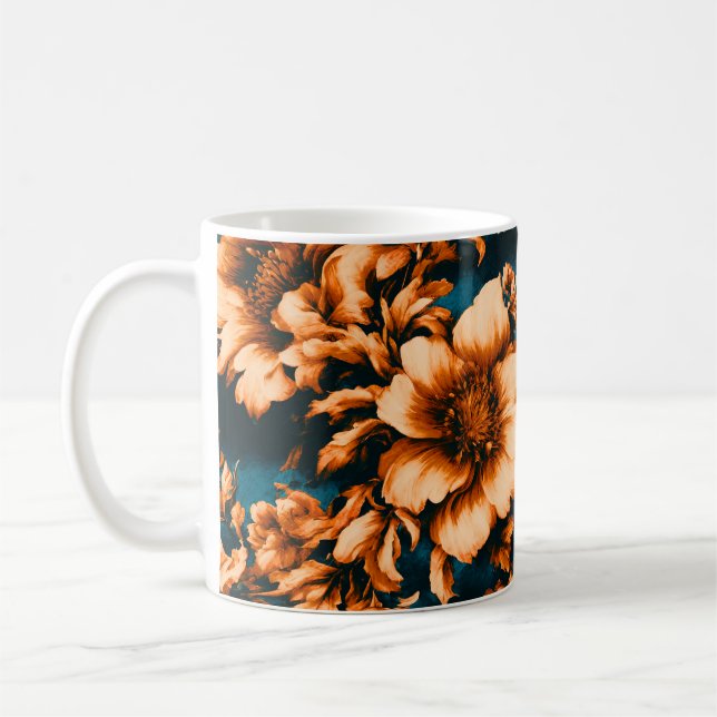 Exquisite Luxurious Golden Flowers, Löv på Blue Kaffemugg (Vänster)