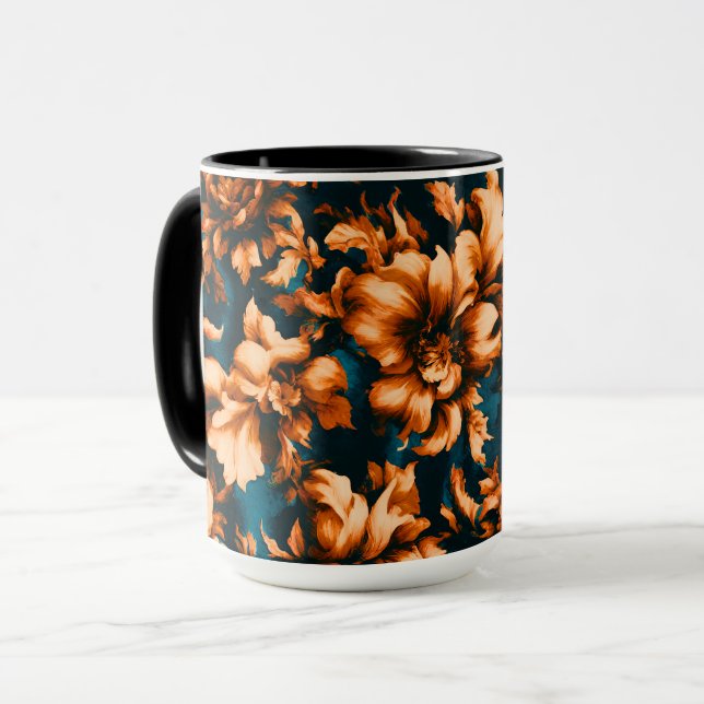 Exquisite Luxurious Golden Flowers, Löv på Blue Mugg (Framsida vänster)