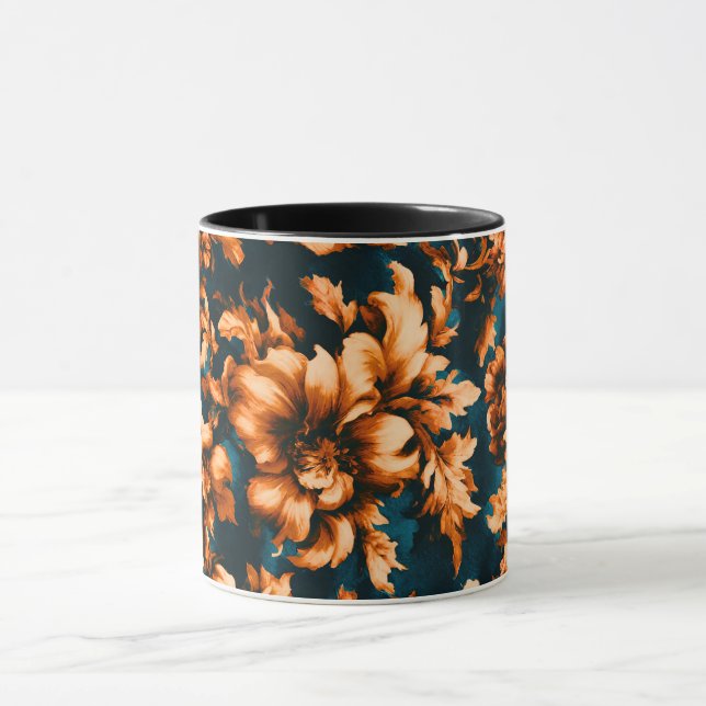 Exquisite Luxurious Golden Flowers, Löv på Blue Mugg (Center)