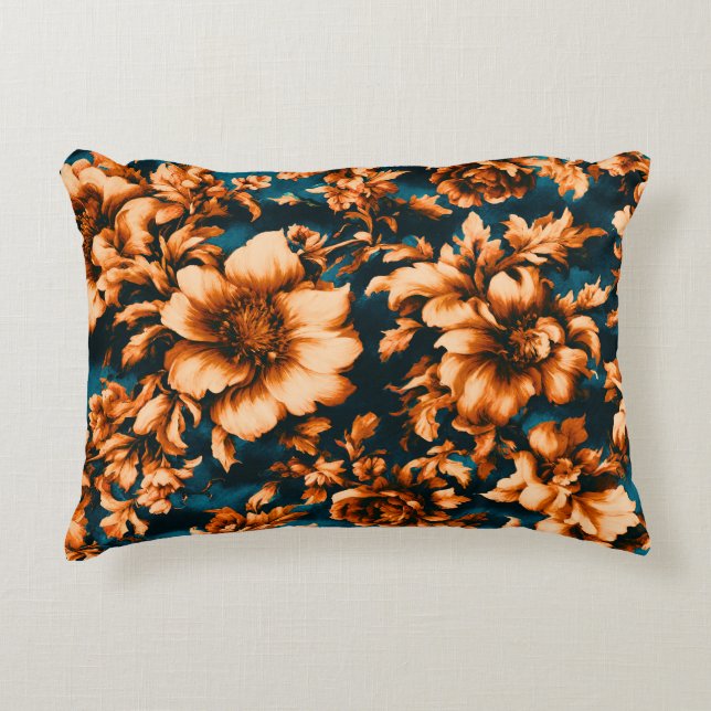 Exquisite Luxurious Golden Flowers, Löv på Blue Prydnadskudde (Framsidan)