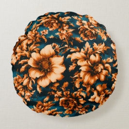 Exquisite Luxurious Golden Flowers, Löv på Blue Rund Kudde