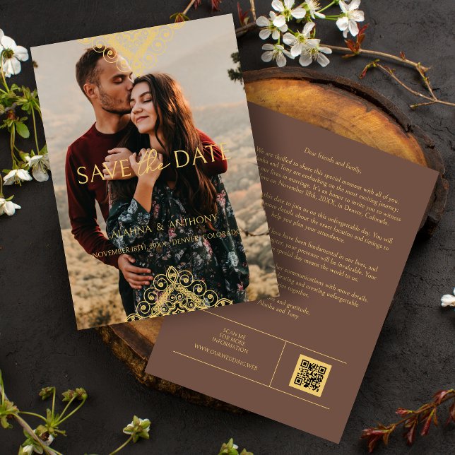 Exquisite Luxury Ornamental Baroque Decorative QR Spara Datumet (Exquisite Luxury Ornamental Baroque Decorative Elements Photo Save the Date Card with Envelope.)