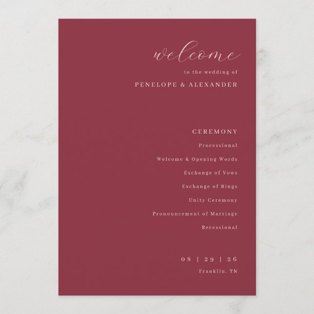 Exquisite Maroon Calligraphy Wedding Ceremony Program (Framsida)