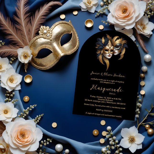 Exquisite Masquerade Masks Gold Effect Accents  Inbjudningar (Exquisite Masquerade Masks with Gold Effect Accents Masquerade Ball Invitation Cards.)