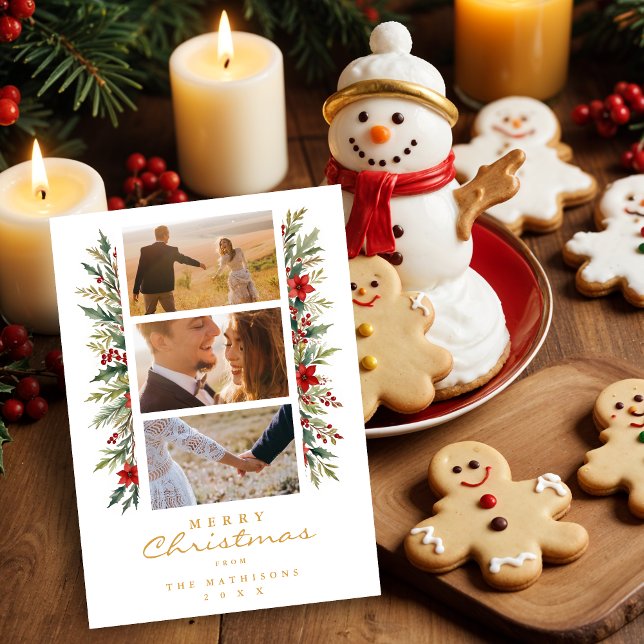 Exquisite Minimal Christmas Garland 3 Photos Frame Julkort (Exquisite Minimalist Christmas Garlands 3 Photos Frame Holidays Cards.)