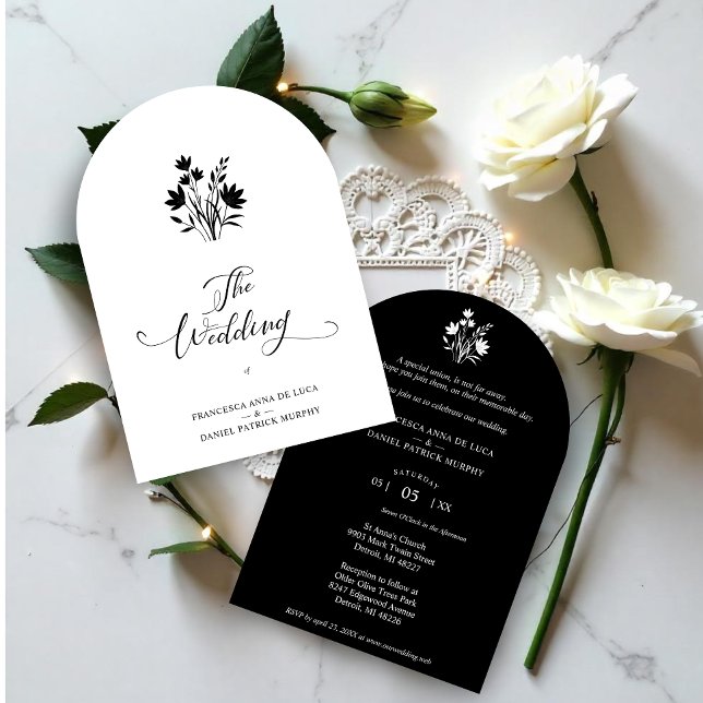Exquisite Minimalist Black and White Wildflowers  Inbjudningar (Exquisite Minimalist Black and White Wildflowers Bunch Wedding Invitations Cards.)