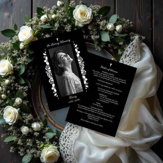 Exquisite Minimalist Floral Black & White Floral Program (Exquisite Minimalist Floral Black & White Floral Garlands Funeral Programs.)