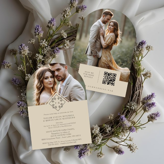Exquisite Minimalist Wedding Botanical Monogram Inbjudningar (Exquisite Minimalist Wedding Design Botanical Monogram and Initials Invitations Cards with QR Code.)
