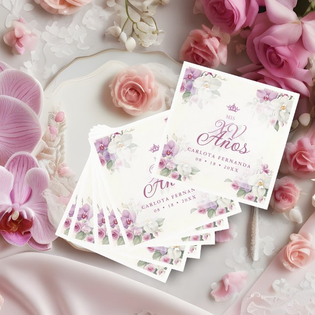 Exquisite Mis XV Años Spanish Floral Orchid Posies Pappersservett (Romantic Exquisite Mis XV Años Spanish Floral Orchids Bouquets in Pink shades Napkins. )