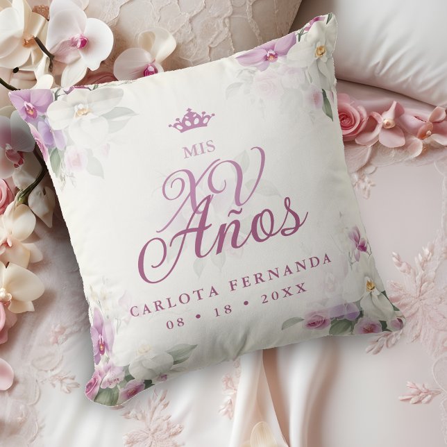 Exquisite Mis XV Años Spanska Blommigten Orchid Po Kudde (Romantic Exquisite Mis XV Años Spanish Floral Orchids Bouquets in Pink shades Throw Pillow. )