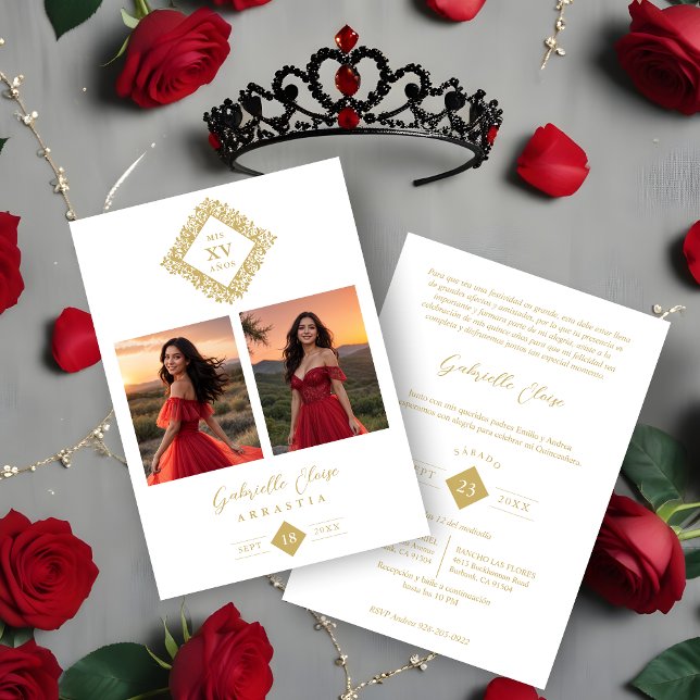 Exquisite Modern Floral Diamond Shape Mis XV Años Inbjudningar (Exquisite Modern Floral Diamond Shape Mis XV Años Anagram 2 Photos Collage Invitation.)