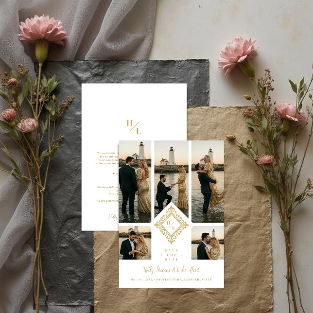 Exquisite Original 5-Photo Collage Wedding Spara Datumet (Exquisite Original 5-Photo Collage Wedding Save the Date Card Design. )