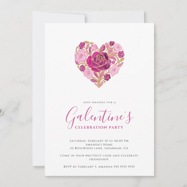Exquisite Pink Floral Heart Galentine's Day Party  Inbjudningar (Framsida)