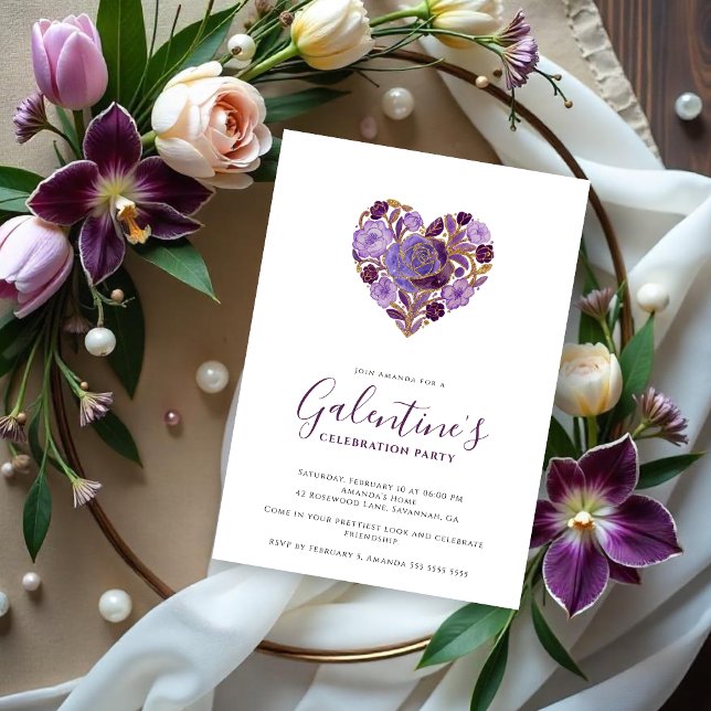 Exquisite Purple Floral Heart Galentine's Day Inbjudningar (Exquisite Floral Heart Galentine's Day Party Invitation Cards for Your Best Friends in Purple Shades)