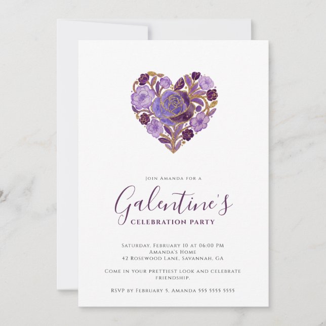 Exquisite Purple Floral Heart Galentine's Day Inbjudningar (Framsida)