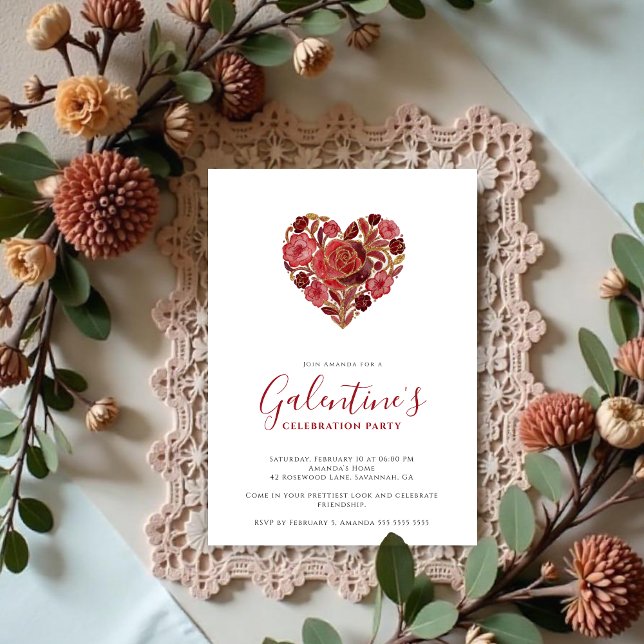 Exquisite Red Floral Heart Galentine's Day Party  Inbjudningar (Exquisite Floral Heart Galentine's Day Party Invitation Cards for Your Best Friends in Red Shades )