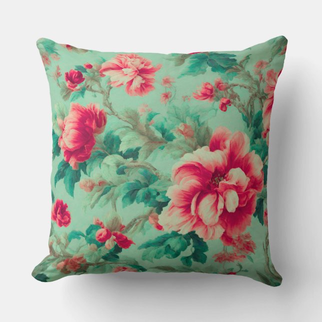 Exquisite Red Flowers and Grönt Löv Kudde (Framsida)