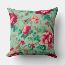 Exquisite Red Flowers and Grönt Löv Kudde